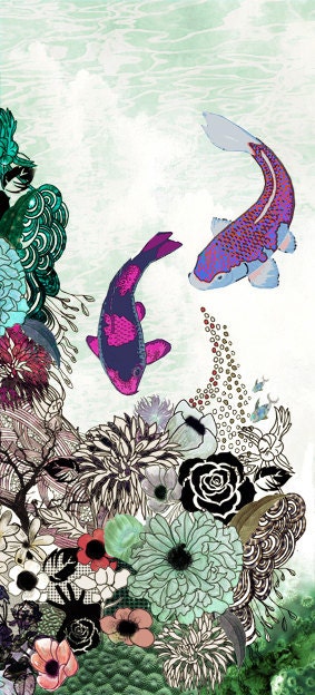canvas print, japanese art, Long painting, , Fish art, home decor