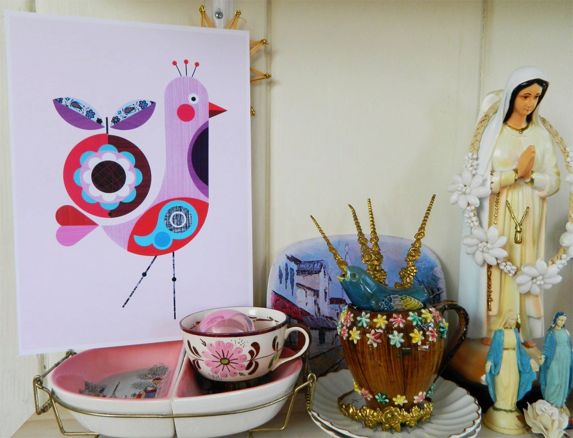 Pink bird with apple print