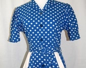 Beyond Adorable-1940s Blue & White Polka Dot Lucy Dress w Belt L XL