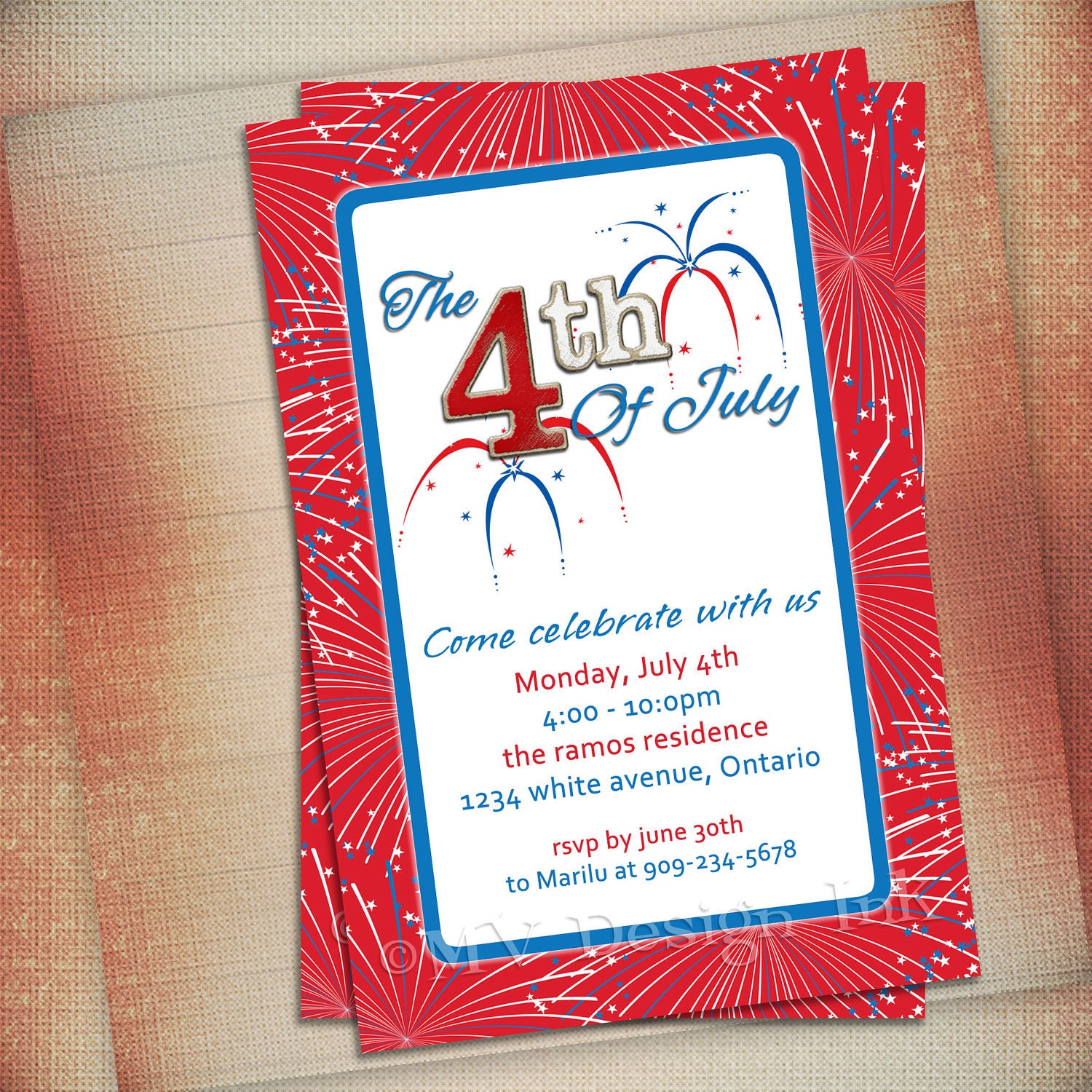 4th of July Fireworks Party Invitation, Patriotic Birthday Invite, Red White and Blue Birthday Invite, BBQ Party Invite-You Print