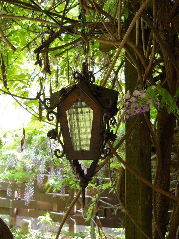Vintage Garden Lantern Thick Grid Glass Panes And Metal, Scrolls, Barbola Trim, Bronze/ Black Color, Shabby Garden Decor Antiques Paris Apt