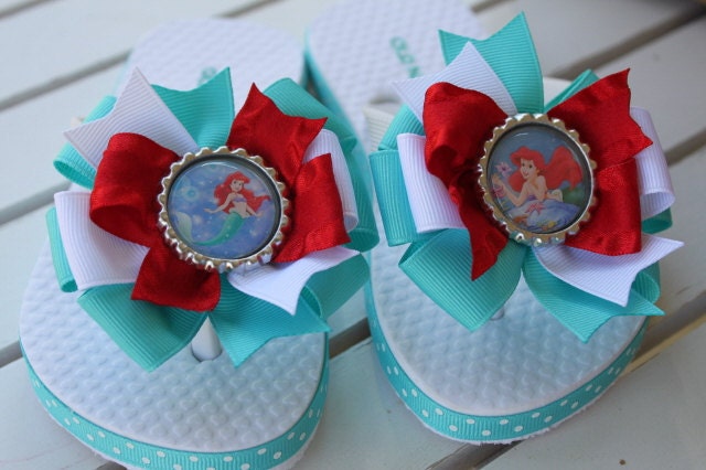 Made to match Ariel Flip Flops--The Little Mermaid-- Aqua, White and Red bow flip flops