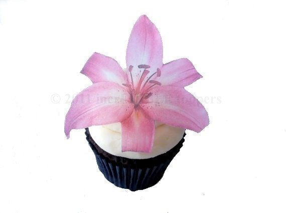 EXCLUSIVE - Edible Pink Lily - 12 Cupcake Toppers - Cake Decoration - Birthday Decoration