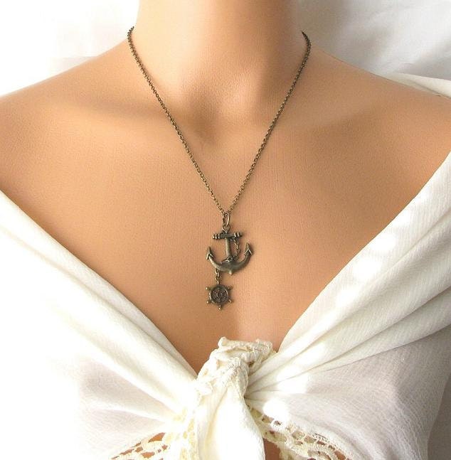 anchor necklace nautical jewelry, sea necklace, ship wheel jewelry necklace, sailing beach necklace