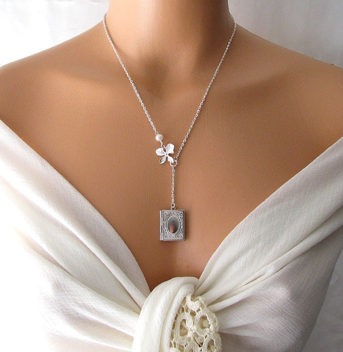 silver locket necklace, lariat necklace, bridesmaid gift jewelry, photo locket necklace, orchid book locket, silver necklace