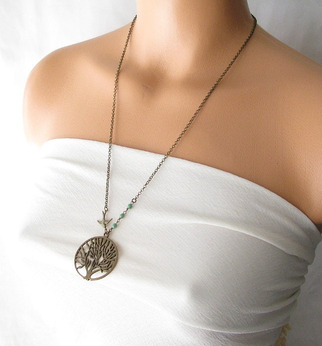 tree necklace, boho jewelry tree of life necklace, nature jewelry, long 24 inch necklace, tree bird jewelry woodland