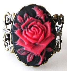 cameo ring, red rose ring, red rose jewelry, adjustable ring, antique brass jewelry, red flower ring, filigree ring, red black