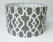Drum Lamp Shade Lampshade in Schumacher Summer Palace Fret in Smoke/Grey