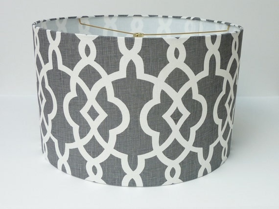 Drum Lamp Shade Lampshade in Schumacher Summer Palace Fret in Smoke/Grey