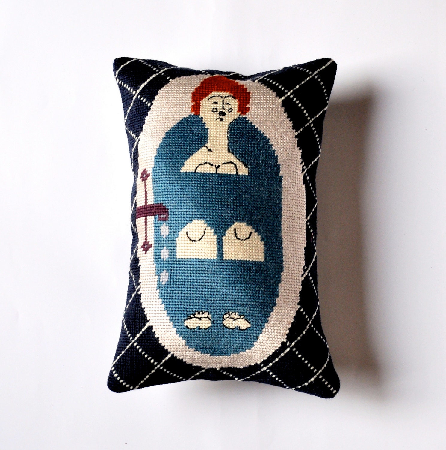 Lady in Bath Pillow handmade, needlepoint