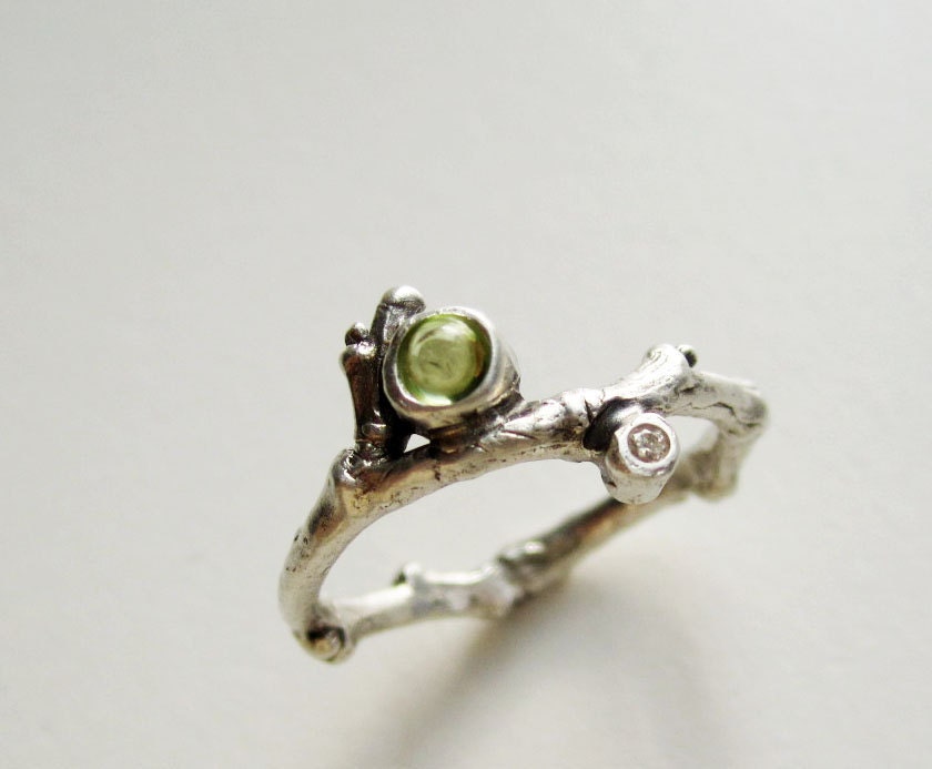 Peridot & Diamond Silver Twig Ring