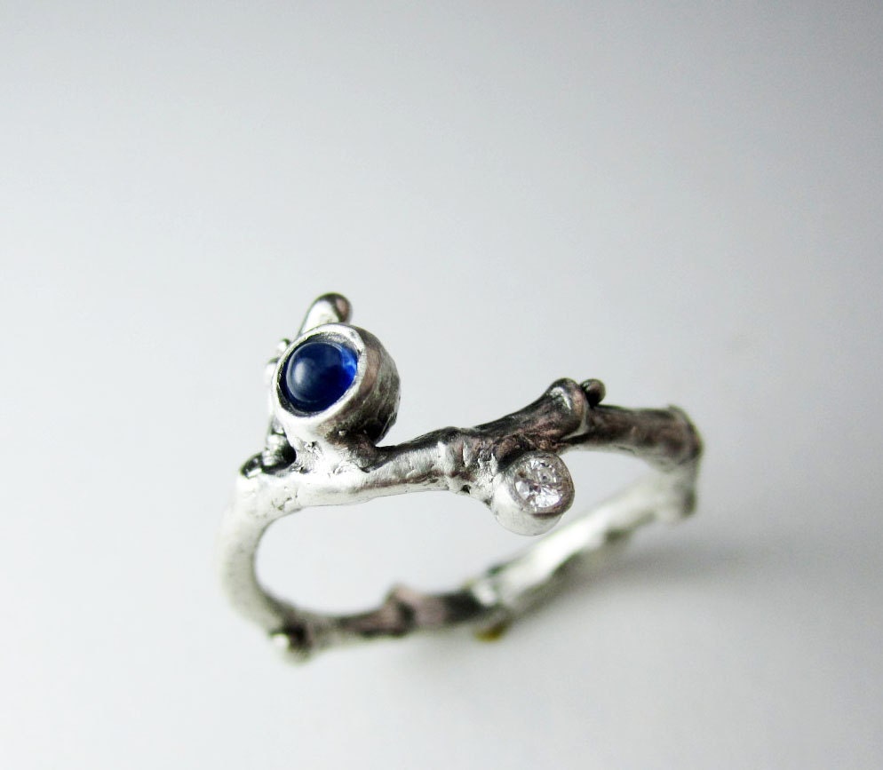 Sapphire & Diamond, Silver Twig Ring