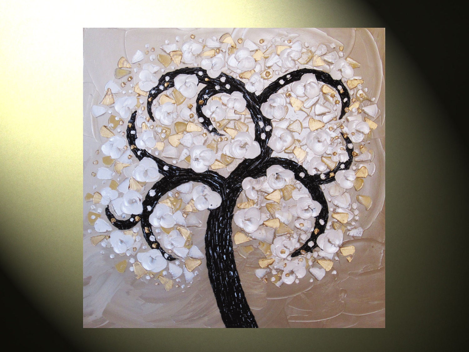 Original Art Abstract Oil Painting, Tree of Life Modern Textured Palette Knife Cherry Blossoms White Flowers Metallic Gold 30x30" -Christine