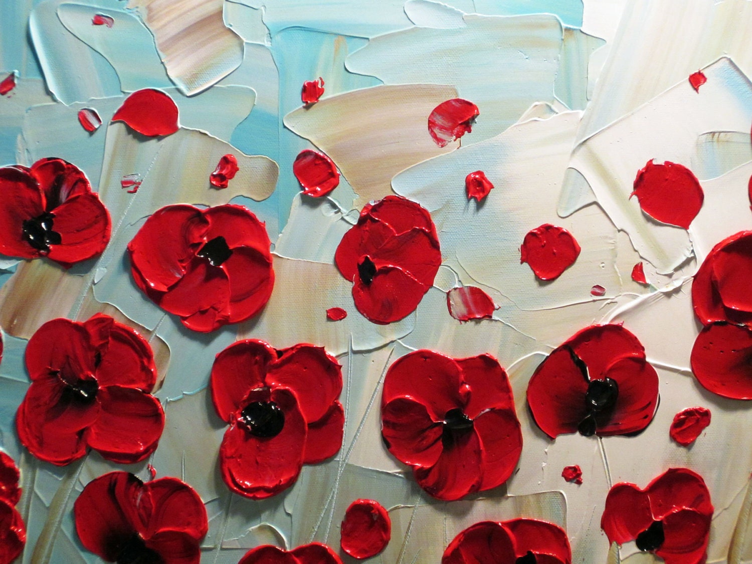 Original Abstract Textured Painting, Red Poppy Painting, Modern Flower Painting, Poppies Blue Brown Palette Knife, 24x36" by Christine