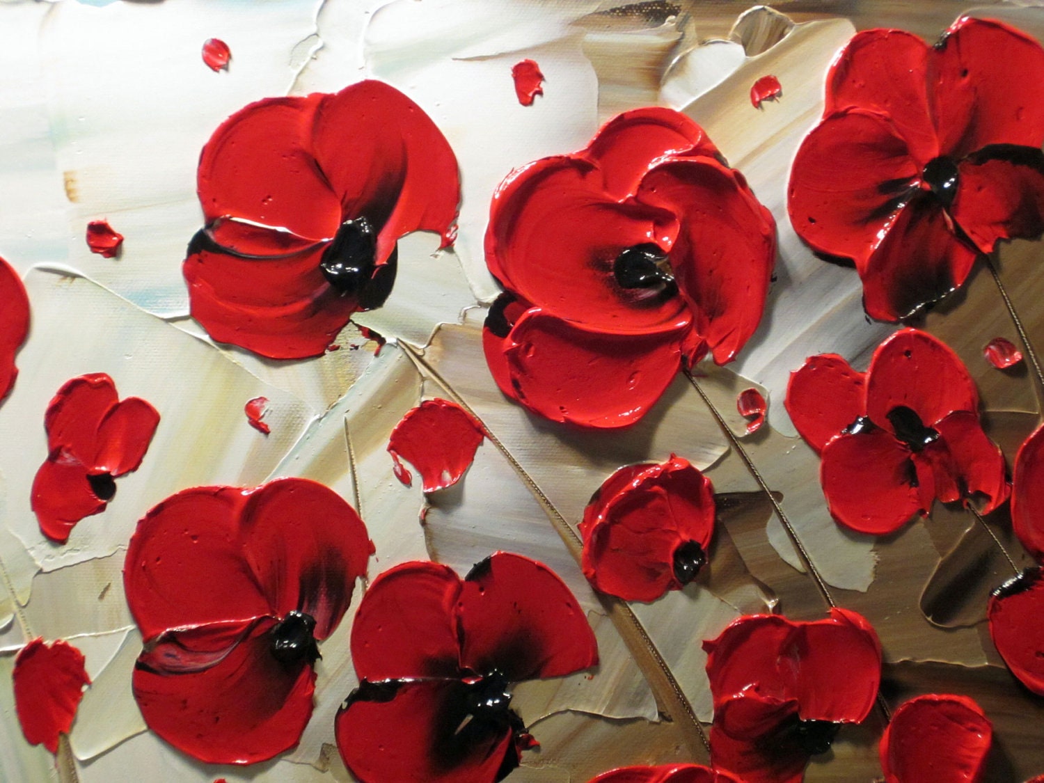 Original Abstract Textured Painting, Red Poppy Painting, Modern Flower Painting, Poppies Blue Brown Palette Knife, 24x36" by Christine