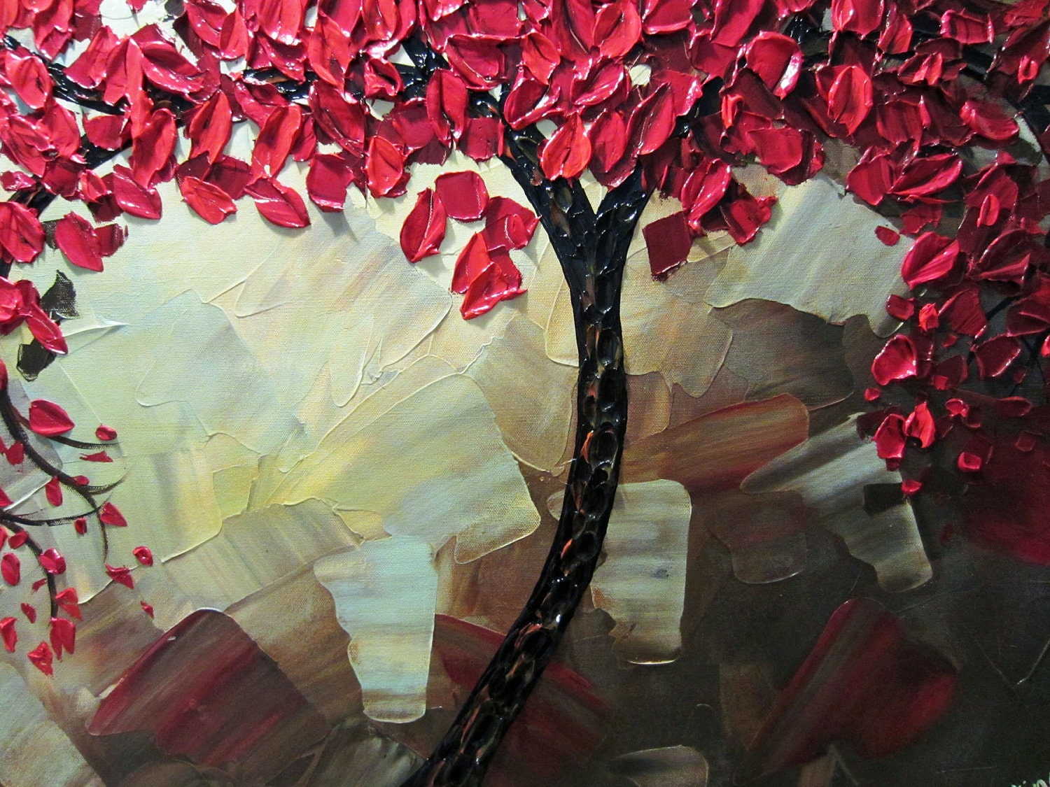 Original Abstract Tree Painting, Textured Red Tree of Life, Abstract Floral Painting, Red Maple, Blue Brown, Palette Knife 36x24" Christine
