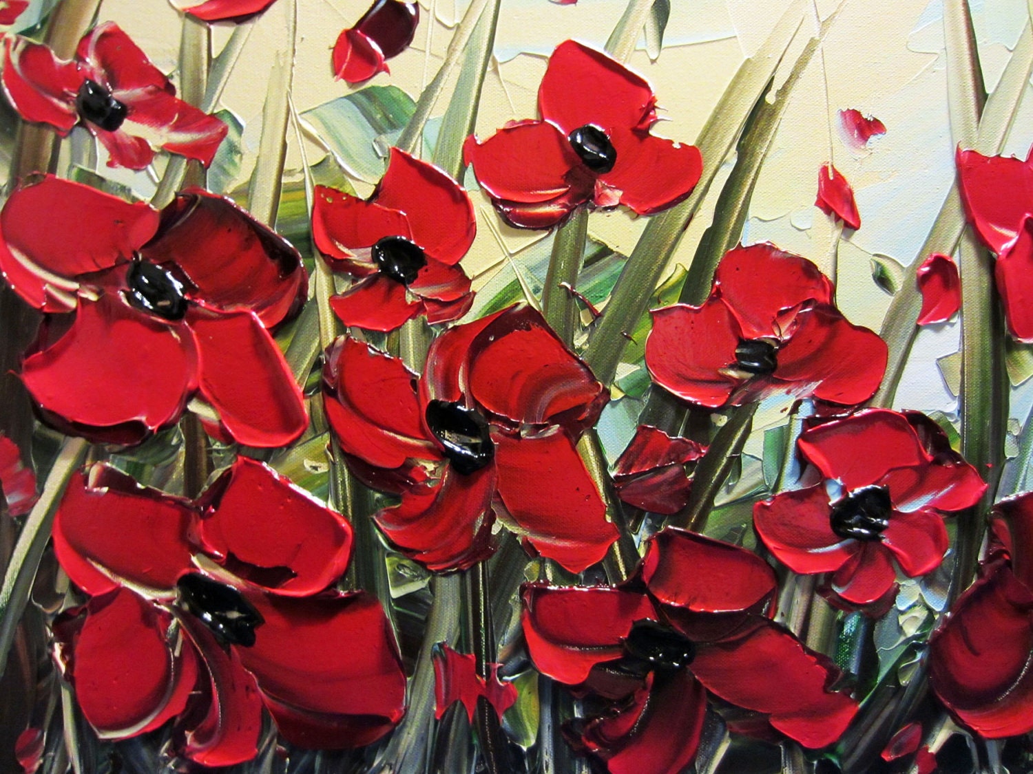 Original Abstract Textured Painting, Red Poppy, Palette Knife, Poppies Blossoms Floral, Modern Red Flower, Blue Gold 24x48" -Christine