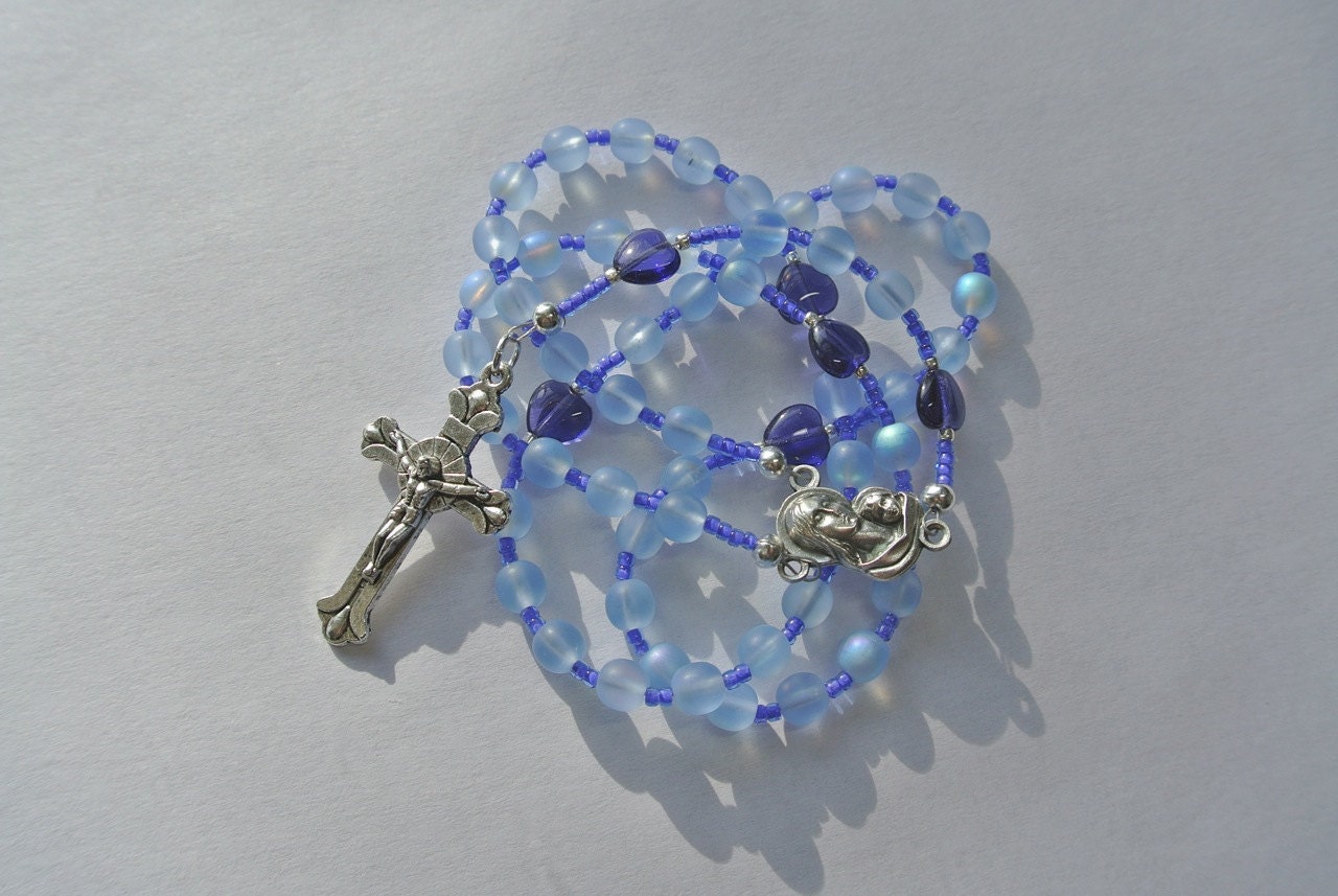 Mother's Rosary with Iridescent Sapphire and Purple Heart-shaped Beads