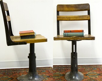 Early 1900s Antique Wooden School Chair Cast Iron Base