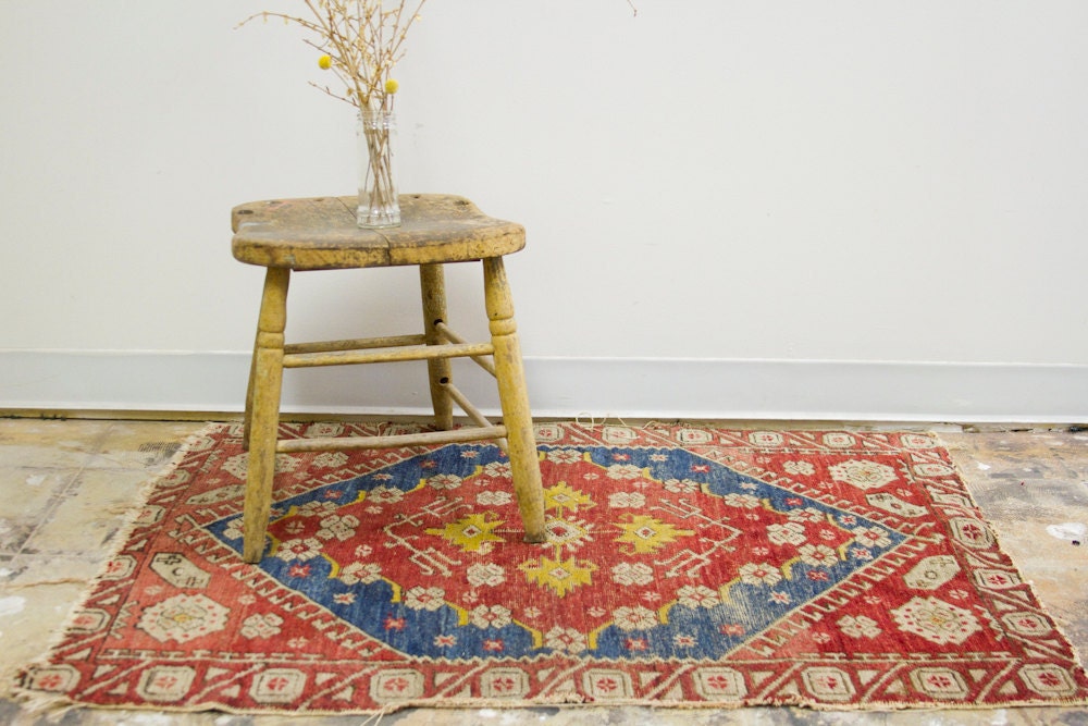 Playful Tattered Vintage Turkish Rug