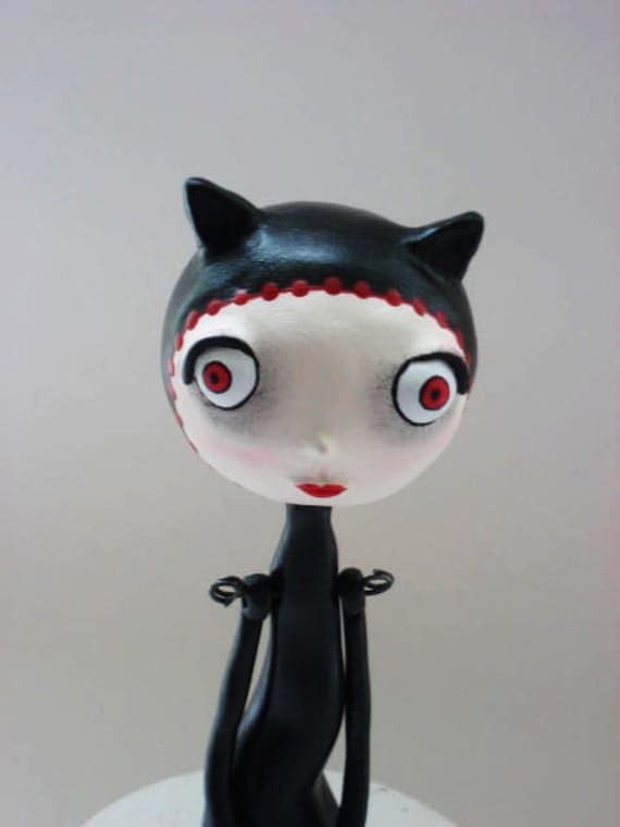 Black Cat Art Doll - Paper Clay Sculpted - Girl Cat Doll