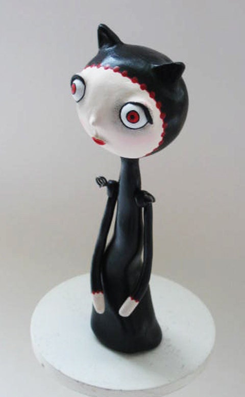 Black Cat Art Doll - Paper Clay Sculpted - Girl Cat Doll