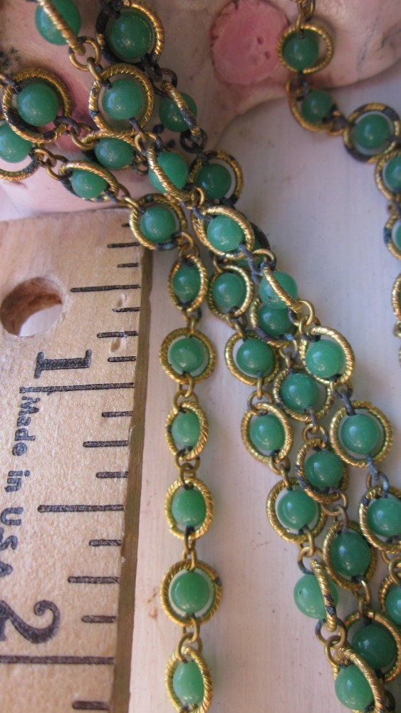 A Yard And A Half Green Glass And Metal  Beaded Chain