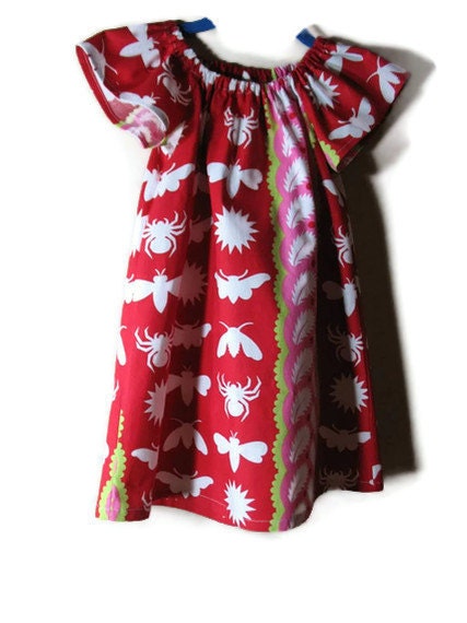 Girls Peasant Dress Red Pink Green Mod Print