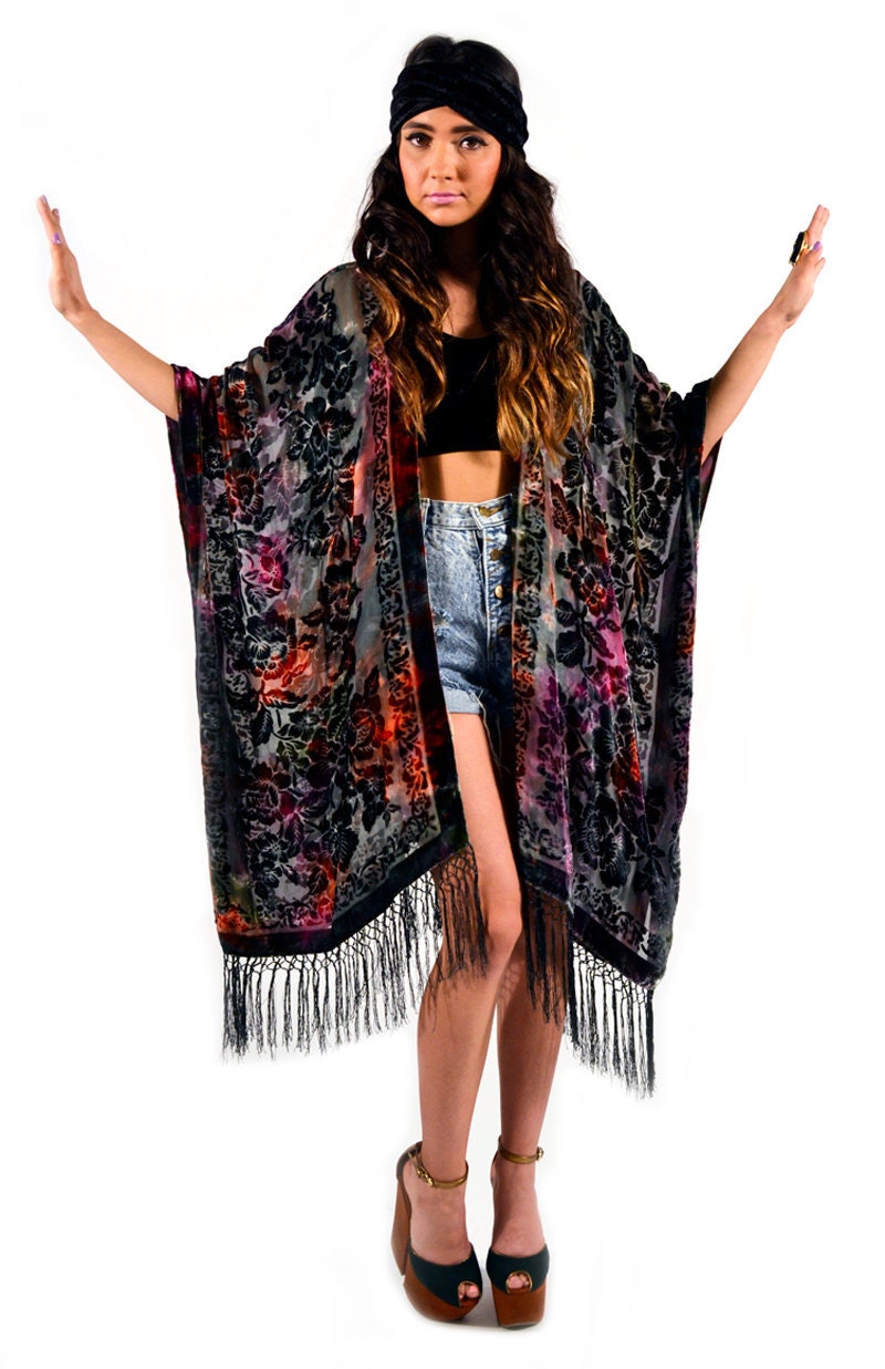 Tie Dye Floral Velvet Burnout Gypsy Fringe Kimono Duster