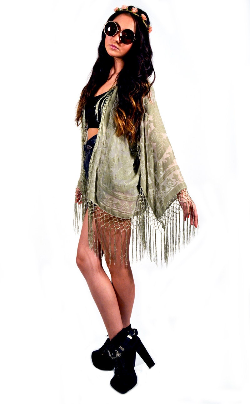 Sage Floral Velvet Burnout Gypsy Fringe Kimono Jacket