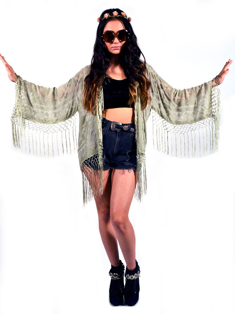 Sage Floral Velvet Burnout Gypsy Fringe Kimono Jacket