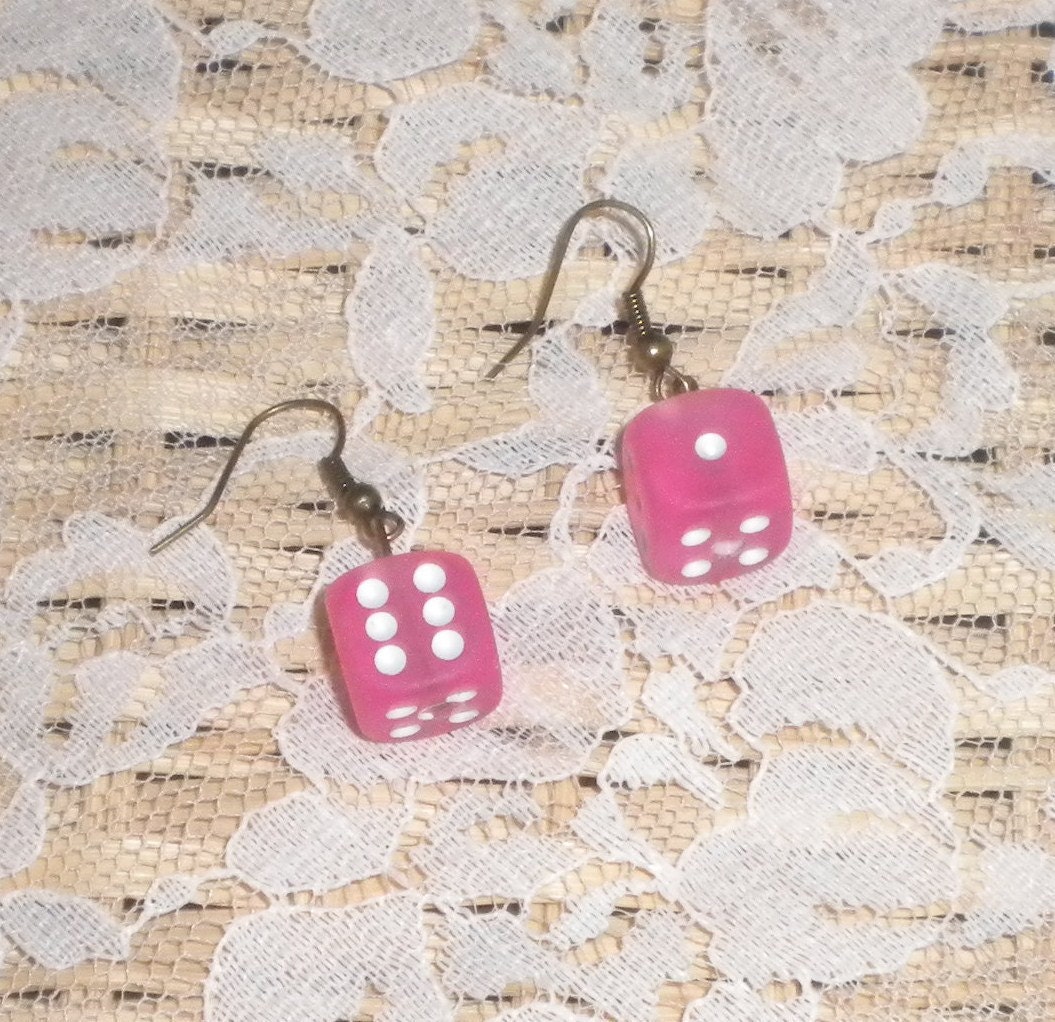 12mm Frosted Pink With White Dots Dice Earrings