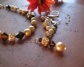 Handmade Necklace Pendant, Bracelet, and Earrings, Golden Pearl, Chocolate Swarovski Crystals, Holiday or Party Jewelry