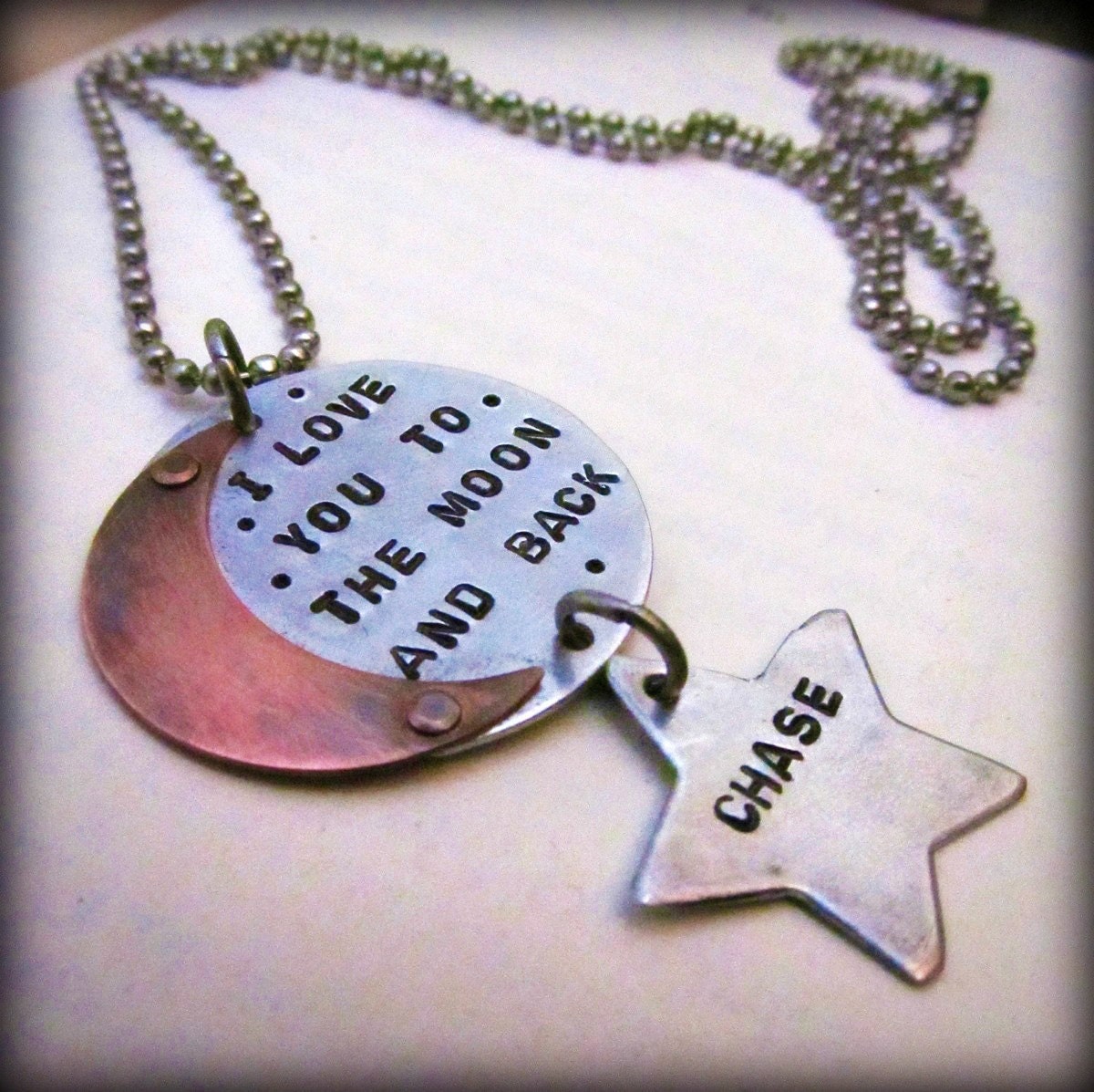 Mixed Metal Mom Necklace - Personalized Necklace - I Love You to the Moon and Back - Riveted Cold Connections - Hand Stamped Jewelry (101)