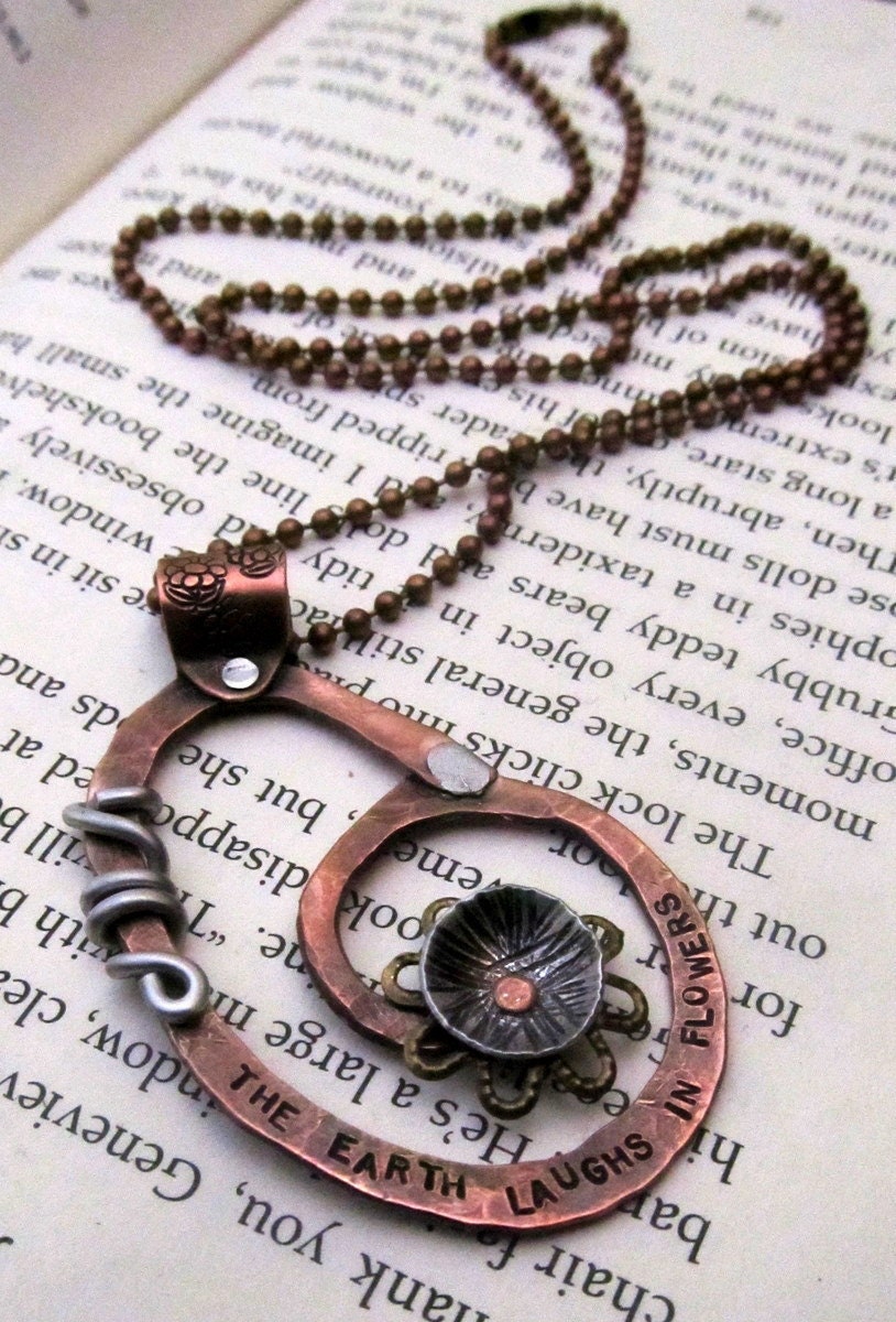 Mixed Metal Necklace - Hand Stamped Jewelry - Inspirational Quote with Cold Connections Riveted - The Earth Laughs In Flowers (104)