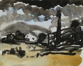 Storm from the east  - original landscape ink and watercolor drawing, Shirley Kanyon