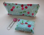 Cosmetic Bag Gift Set with Tissue Holder and Bookmark, Metro Cherries on Aqua with Polka Dots, Ready to Ship