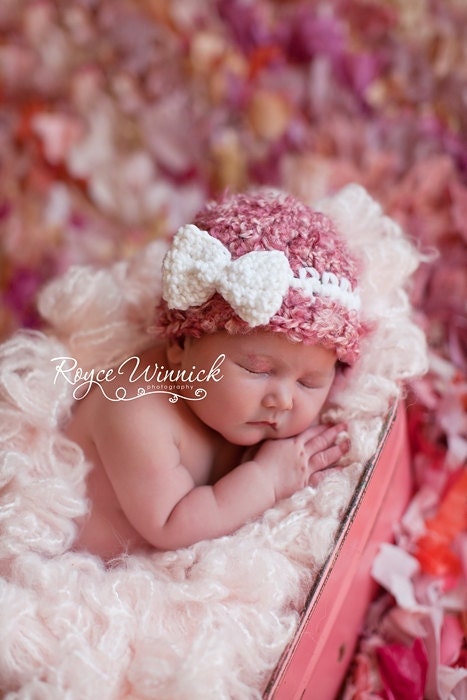 Baby Crochet Hat Pink Beanie White Bow Photography Prop Newborn 0-3 months 3-6 months