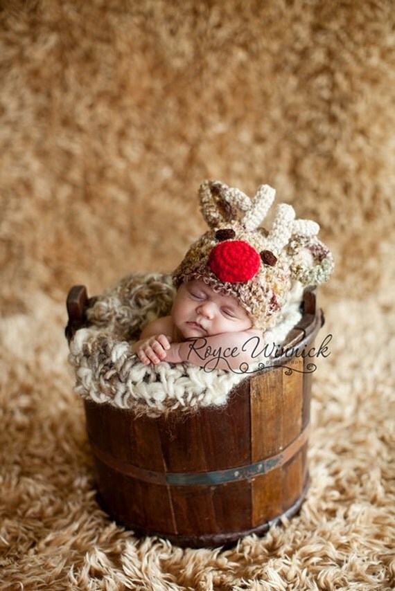 Baby Crochet Hat Santa's Reindeer With  A BOW Baby Photography Prop Sizes Preemie, Newborn, 0-3 months, 3-6 months