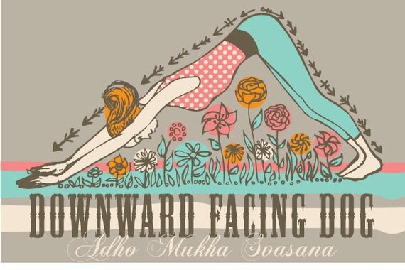 Downward Facing Dog Yoga Illustration Print with Hand Drawn Lines Flowers Arrows Garden Nature