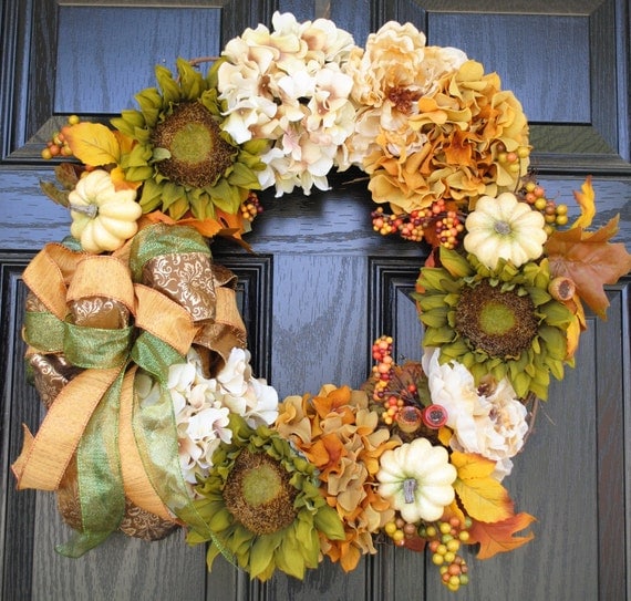Fall Wreath Elegant Green Sunflowers Cream and Brown Hydrangeas Cream Popies White Pumpkins 20 inch