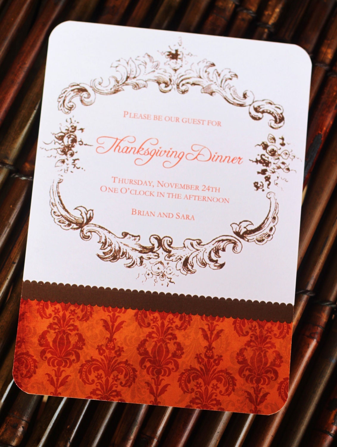 Printable Thanksgiving Orange Brown Damask Flourish Invitation, bridal shower, thanksgiving, fall event, harvest Il_170x135