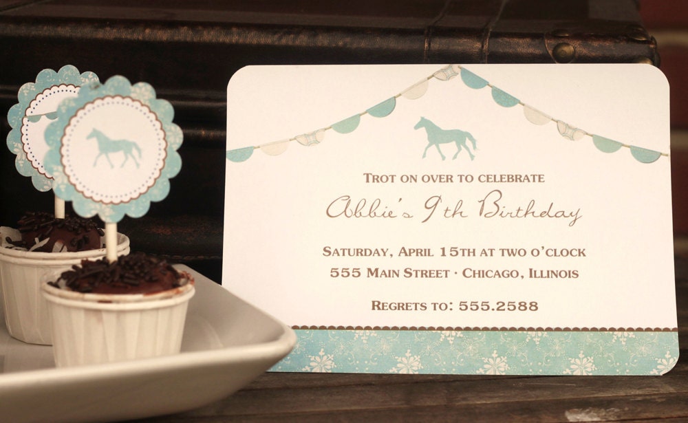 DIY Printable Personalized Invitations HORSE blue and Brown or pink and brown Il_570xn