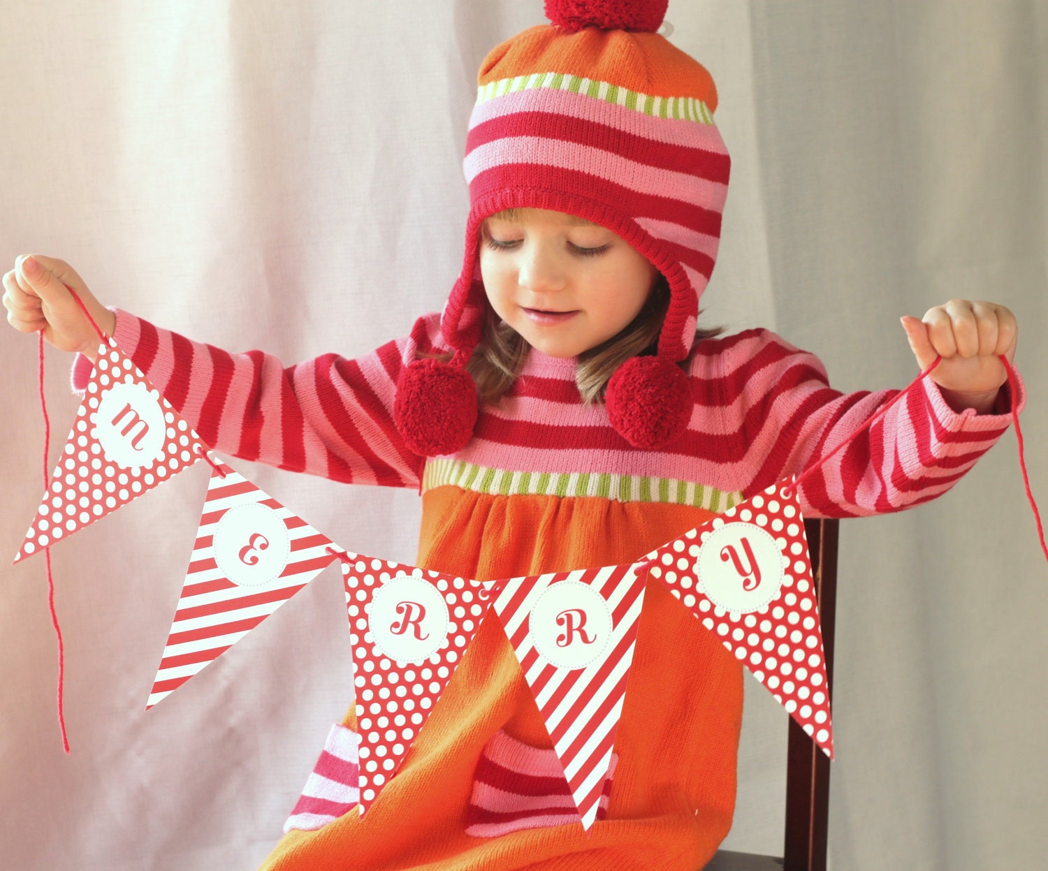 Printable Christmas Cheer Flag Pennant Banner Red Candy Stripes and dots Il_570xn