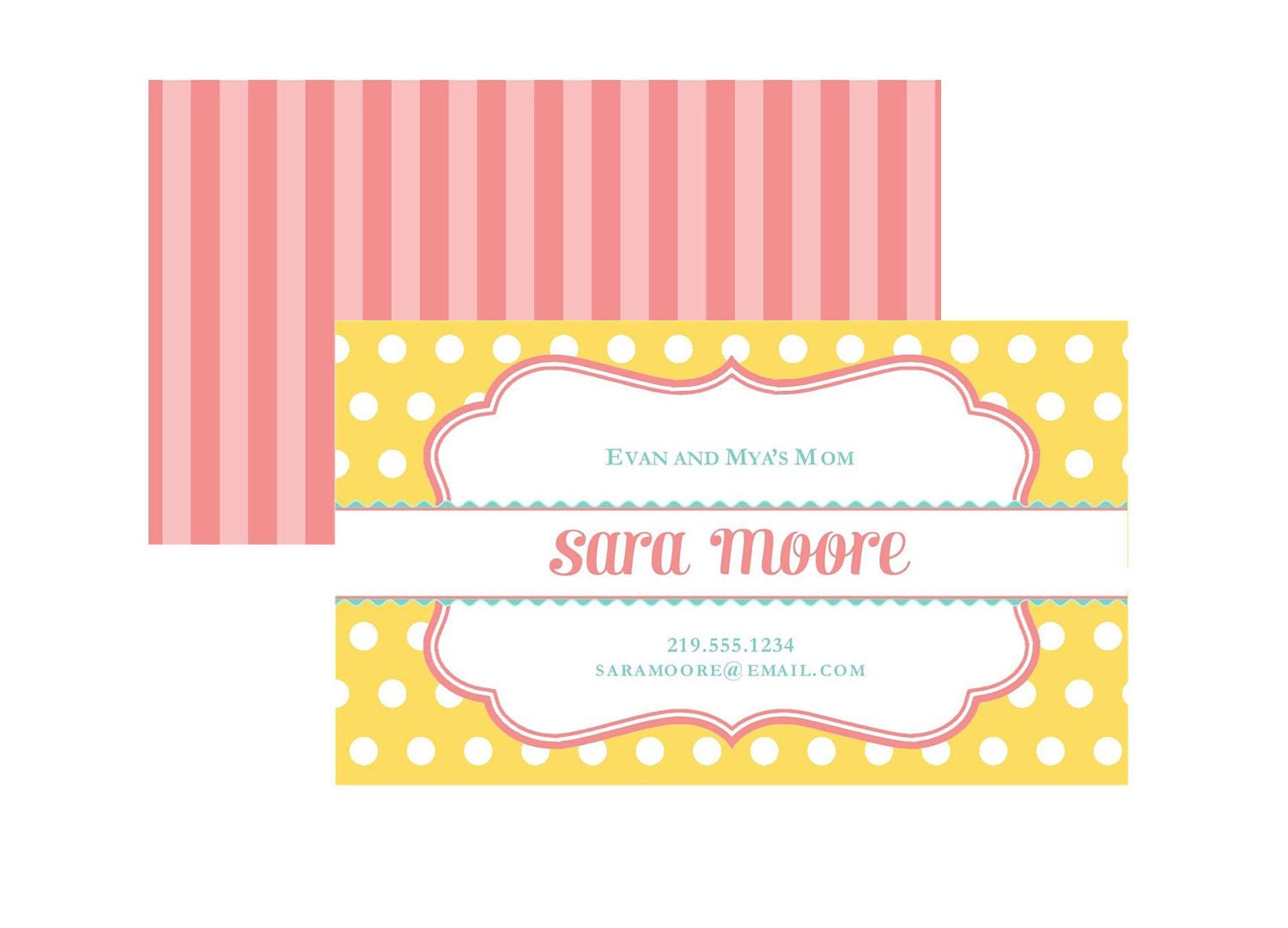 Calling Card Printable - Front and Back Design - yellow, coral, aqua, whimsy Il_570xn