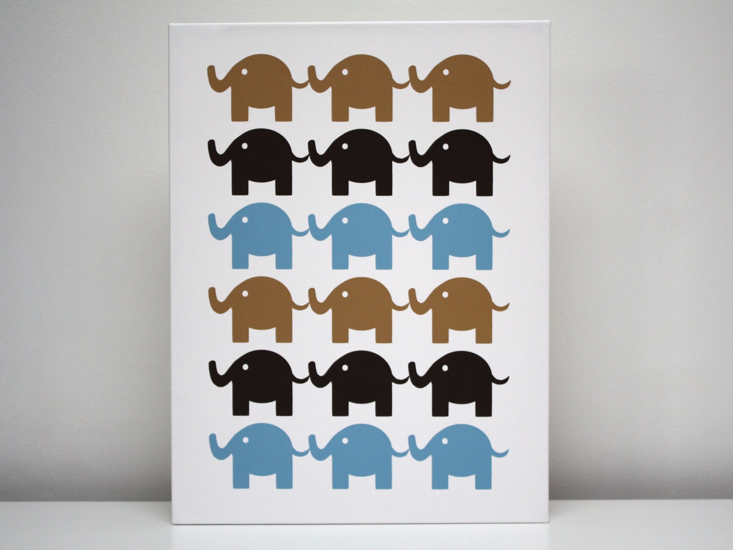Children Decor Stretched Canvas Print 12x16 "The Elephants" Brown & Blue Nursery Art