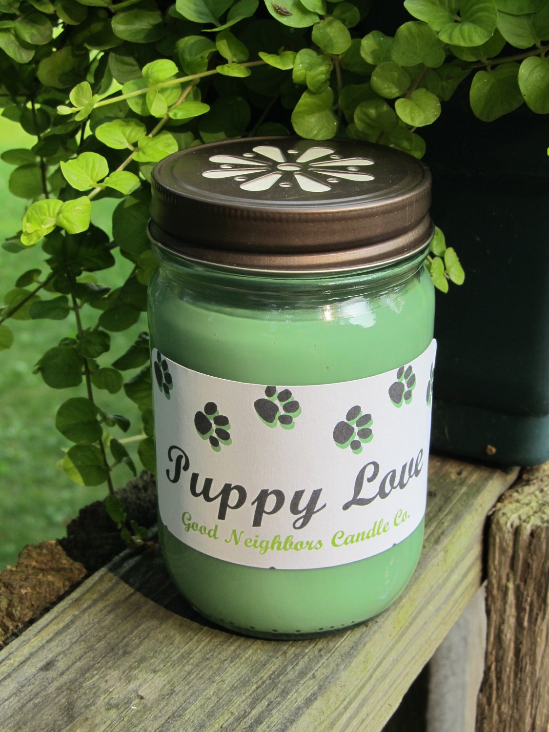 Soy Candle, 12 ounce, Puppy Love, Pawprints, Jar Candle, Hemp, Wood or Cotton Wick, Green