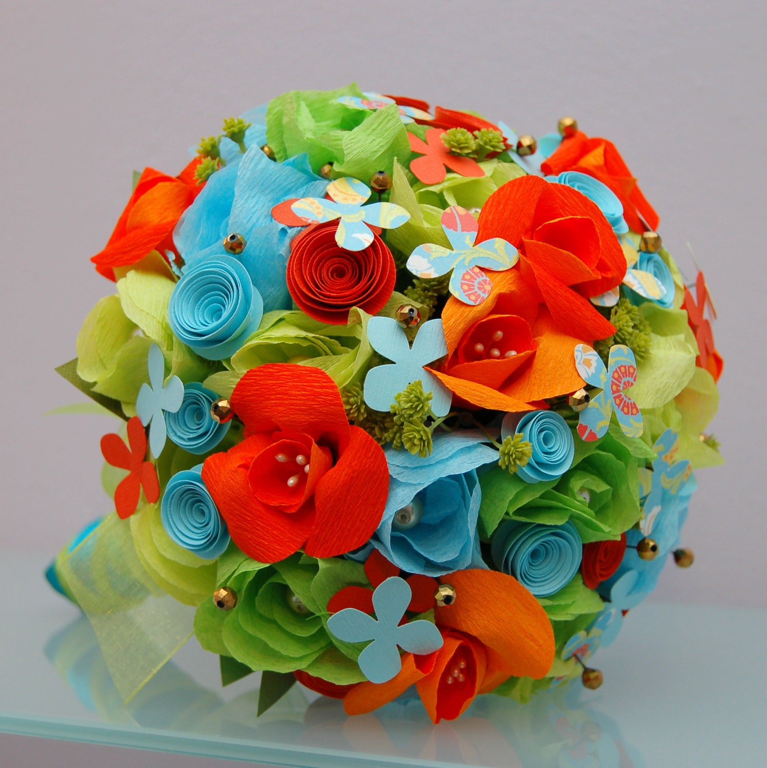 Wedding Bridal Bouquet - Paper Flower Orange, Blue, and Green - Handmade Paper Bouquet, Bridal, Bridesmaid, Aniversary, Replica Bouquet