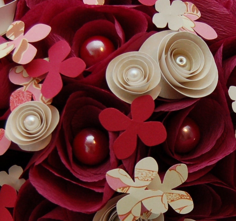 Paper Wedding Flowers - Cranberry and Ivory Paper Flower Bridal Bouquet