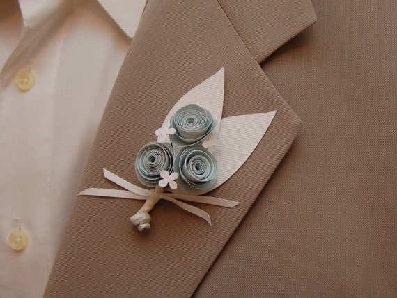 Paper Flower Boutonniere - Baby blue and white paper flowers